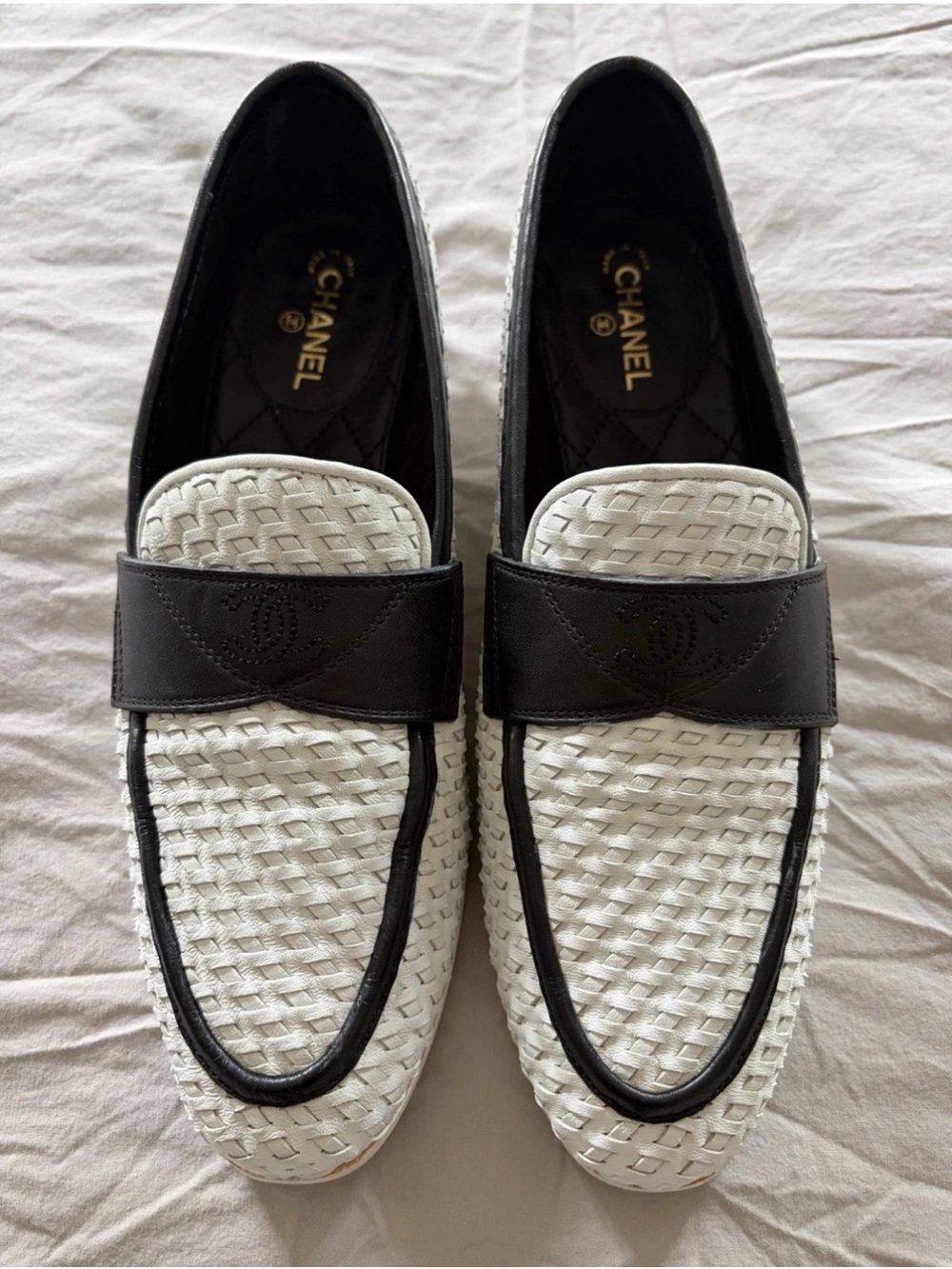 CHANEL CC Penny Loafers Womens White Black Woven Leather Slip On Shoes Size 38C